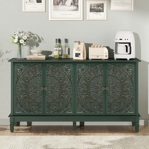 59" Solid Wood Buffet Cabinet, Accent Cabinet, 4 Carved Doors, view 3