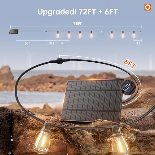 78FT(72+6) Solar String Lights Outdoor, Waterproof Solar Powered Outside Lights with Remote & USB Port, ST38 LED Shatterproof Bulbs, Dimmable Solar Light for Camping Backyard Porch