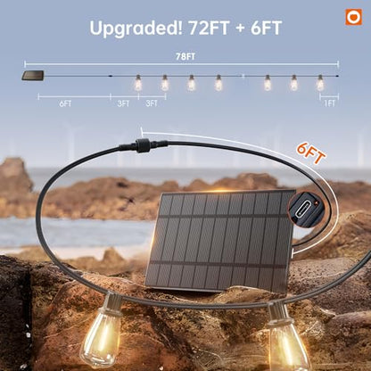 78FT(72+6) Solar String Lights Outdoor, Waterproof Solar Powered Outside Lights with Remote & USB Port, ST38 LED Shatterproof Bulbs, Dimmable Solar Light for Camping Backyard Porch