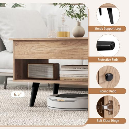 Lift Top Coffee Table with Storage, Living Room Table with Hidden Compartment, Cabinet & Open Shelf, Flip Top Center Table, Pull up Coffee Table for Home, Office (Natural)