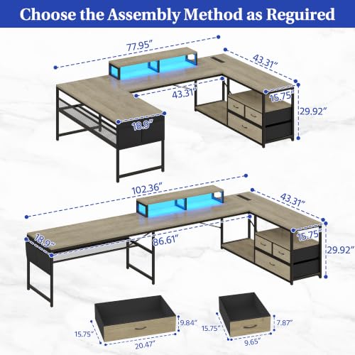 102“ L Shaped Gaming Desk with 3 Drawers & LED Light & Power Outlet, view 3