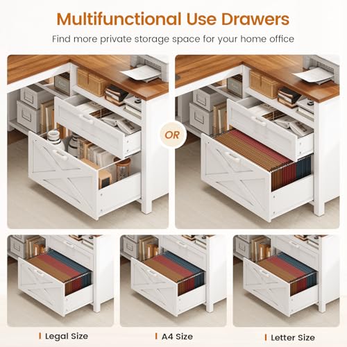 Farmhouse L Shaped Desk, 55" Home Office Desk with Drawers and Storage Shelves, L Shaped Gaming Desk with LED Lights, Power Outlet and Monitor Shelf, Brown