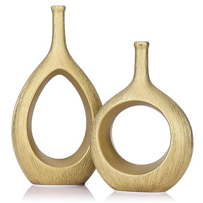 Matte Gold Ceramic Vase Set of 2 - Ribbed Hollow Aesthetic Decorative Vase, Modern Farmhouse Table Centerpiece, Boho Gold Vases for Flower Decor and Home Living