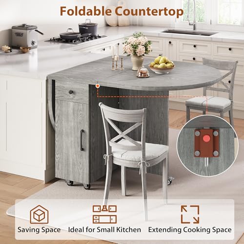 Round Folding Dining Table for 4, Space Saving Drop Leaf Kitchen Table with Storage Drawer, 6 Wheels Oval Gateleg Foldable Dining Table for Small Spaces(Grey 47 * 23.6 * 30)