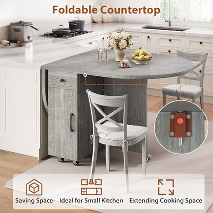 Round Folding Dining Table for 4, Space Saving Drop Leaf Kitchen Table with Storage Drawer, 6 Wheels Oval Gateleg Foldable Dining Table for Small Spaces(Grey 47 * 23.6 * 30)