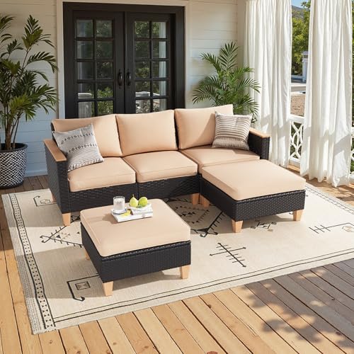 Outdoor Furniture Set, 5 Piece Patio Conversation Set with Cushions, PE Outdoor Wicker Conversation Set Sectional Patio Sofa, All-Weather Rattan Sofa for Backyard, Garden, and Poolside