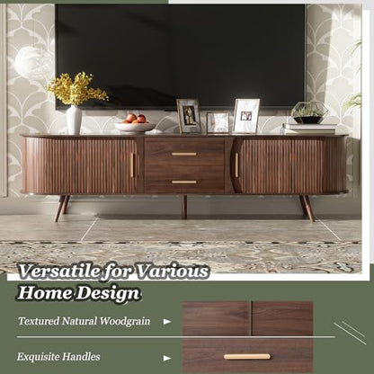70" Fluted TV Stand for TVs Up to 80", Mid Century Entertainment Center with Sliding Tambour Doors and Drawers, Modern Curved Media Console with Storage for Living Room, Walnut