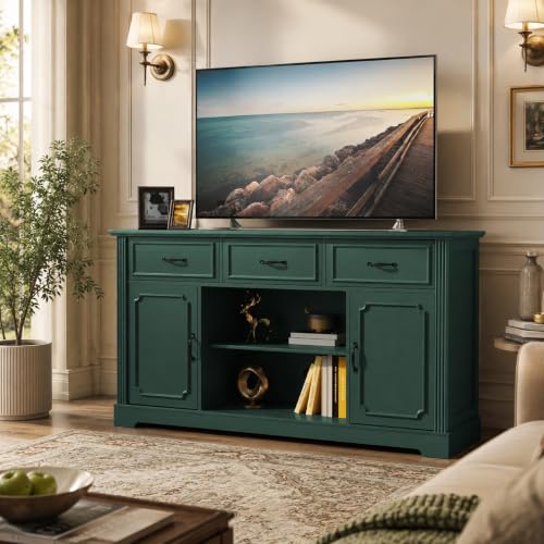 Mid Century Wood TV Stand with 3 Drawers for TV up to 65", Green, view 3