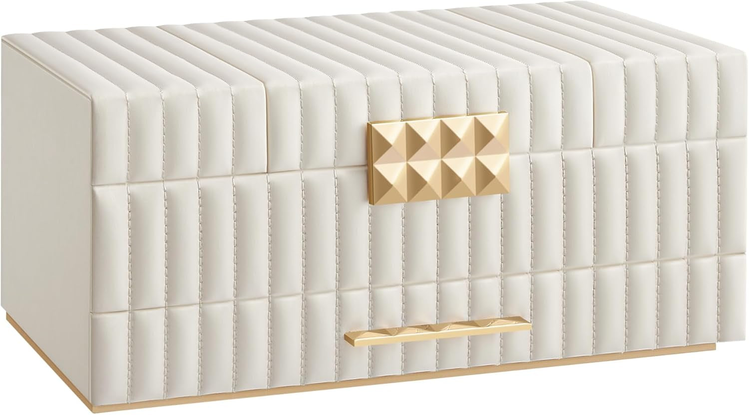 HOME Large Capacity Jewelry Box with Mirror, Jewelry Organizer with a Drawer, PU Surface with Stitching, 10.6 X 15 X 6.3 Inches, Cloud White, ANAH Collection ​UJBC184W01