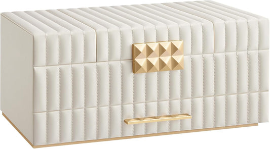 HOME Large Capacity Jewelry Box with Mirror, Jewelry Organizer with a Drawer, PU Surface with Stitching, 10.6 X 15 X 6.3 Inches, Cloud White, ANAH Collection ​UJBC184W01