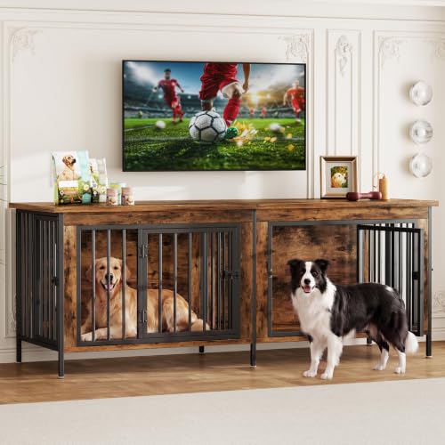 63" Dog Crate Furniture for 2 Dogs with Divider, Rustic Brown, view 2