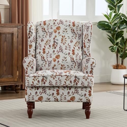Modern Accent Chair,Comfy Upholstered Armchair with Retro Wood Legs,Floral Design Single Sofa Chair,Living Room Furniture for Apartment,Bedroom,Office,Linen Fabric,Floral Yellow