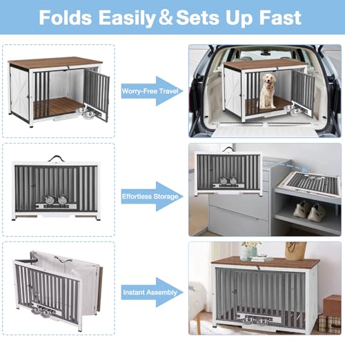 Large Dog Crate Furniture with Bowl for Travel Foldable Dog Crate, view 3