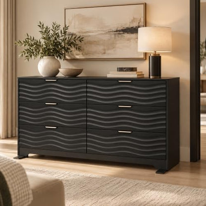 55" Wide Coastline Fluted 6 Drawers Dresser for Bedroom,Black, view 2