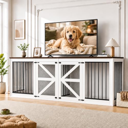 94in Double Dog Crate Furniture, Dog Kennel TV Stand, White, view 2
