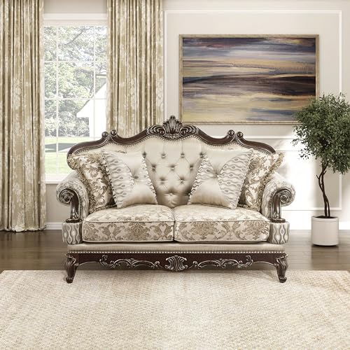 Traditional Sofa Couch for Living Room, Rolled Arm Sofa with 4 Accent Pillows, Tufting, Queen Legs in Cherry Finish with Gold Tipping, Upholstered Living Room Furniture, 2 Seater Couch, Brown