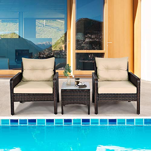 3 Pieces Patio Furniture Set, Outdoor Rattan Wicker Conversation Set with Coffee Table & Cushions, Patio Sofa Set for Garden Balcony Backyard Poolside