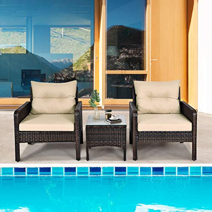 3 Pieces Patio Furniture Set, Outdoor Rattan Wicker Conversation Set with Coffee Table & Cushions, Patio Sofa Set for Garden Balcony Backyard Poolside