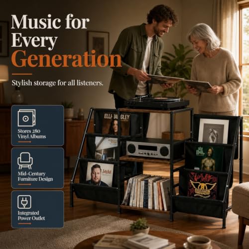 Record Player Stand with Storage, Vinyl Record Holder with Power Outlet, view 5