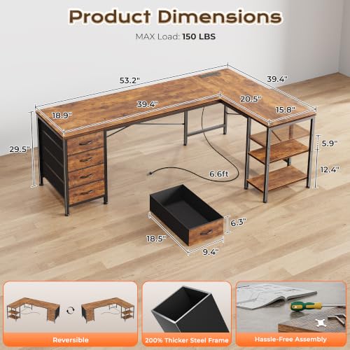 55 Inch L Shaped Desk with Fabric Drawers, view 4
