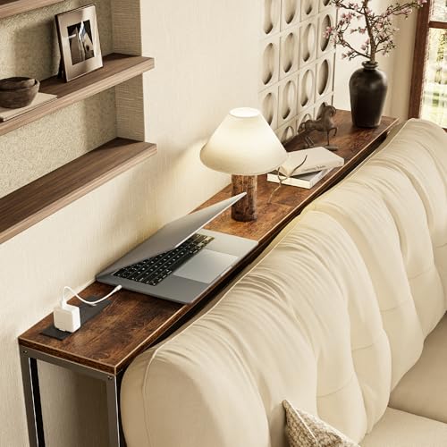 Console Table with Outlet, 63 Inch Sofa Table with Charging Station, Narrow Entryway Table, Behind Couch Table, for Living Room, Plants - Rustic Brown