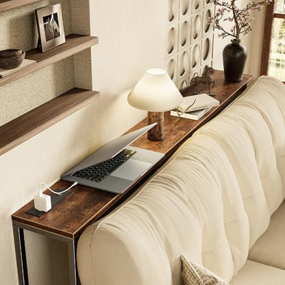 Console Table with Outlet, 63 Inch Sofa Table with Charging Station, Narrow Entryway Table, Behind Couch Table, for Living Room, Plants - Rustic Brown