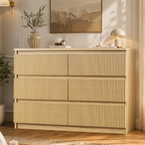 6 Drawer Fluted Dresser, Modern Chest of Drawers for Bedroom with Hidden Handles, view 2