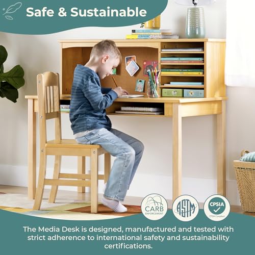 Guidecraft Children’s Media Desk and Chair Set – Pink: Student's Study Computer Workstation with Hutch and Shelves, Wooden Kids Bedroom Furniture