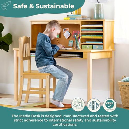 Guidecraft Children’s Media Desk and Chair Set – Pink: Student's Study Computer Workstation with Hutch and Shelves, Wooden Kids Bedroom Furniture
