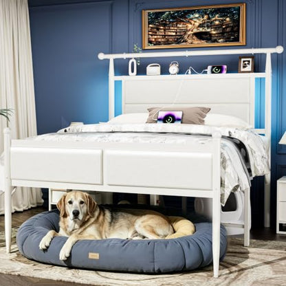 Full Size Metal Bed Frame with Upholstered Headboard and Led Lights, White, view 2
