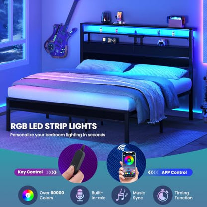 King Bed Frame with Storage, LED Lights and Charging Station, view 4