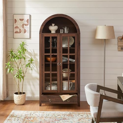 71" Tall Arched Cabinet Bookshelf with Glass Door & Storage Drawer, view 5