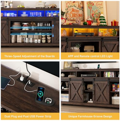 70" LED Farmhouse TV Stand for 80/75/70 Inch TVs,Tall Entertainment Center Storage Cabinets w/Power Outlets and Sliding Barn Door,Rustic TV Stands for Living Room,Media Console Cabinet (Rustic Brown)