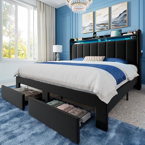 Queen Bed Frame with 2-Tier Storage Headboard & 2 Large Drawers, view 2