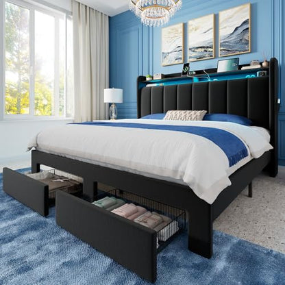 Queen Bed Frame with 2-Tier Storage Headboard & 2 Large Drawers, view 2