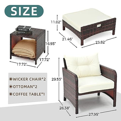 5 Pieces Patio Furniture Set, Rattan Balcony Furniture with Ottomans, PE Wicker Outdoor Patio Chairs Set with Coffee Table for Poolside, Porch, Lawn, Garden, Balcony(Beige)