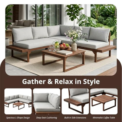 4 Pieces Wood Patio Furniture Set Outdoor Sectional, L Shaped Outdoor Couch Outdoor Sectional Furniture with Built-in Side Table for Backyard,Deck,Balcony