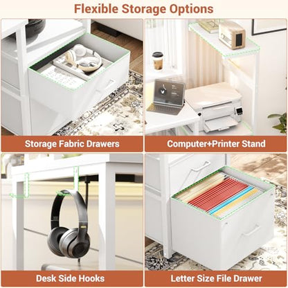Gaming Desk with LED Strip & Power Outlet, 59Inch Reversible Computer Desk with Monitor Stand & Storage Shelves, Home Office Desks with Fabric File Drawer, Gamer Table PC Desk, White