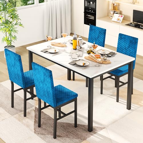 Dining Table Set for 4, Kitchen Table and Chairs Set of 4 Modern Faux Marble Dinner Tabletop with Upholstered Velvet Chairs for Apartment Small Space