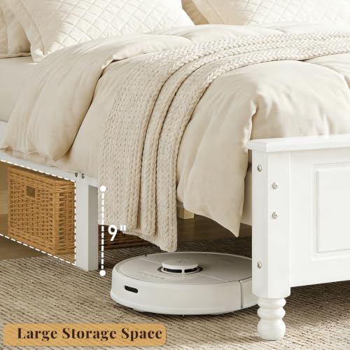 Vintage Queen Wood Bed Frame with Retro Style Headboard, White, view 6