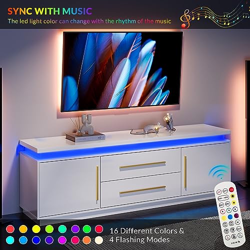 67" TV Stand for TV up to 75", Modern Entertainment Center with LED Lights Change to Melody of Music, Media Console Table with Cabinets and Drawers for Living Room, Bedroom - Studio (White)