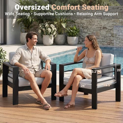 Patio Furniture Metal Armchair,2 PCS All-Weather Aluminum Garden Outdoor Contemporary Sofa Chair with Cushions, Light Grey
