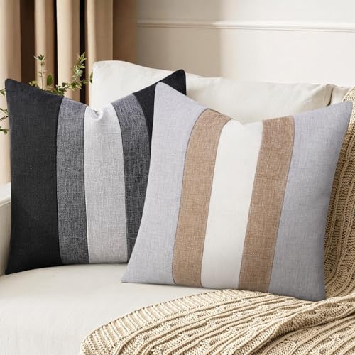Linen Patchwork Pillow Covers 18x18 Set of 2 Farmhouse Decor