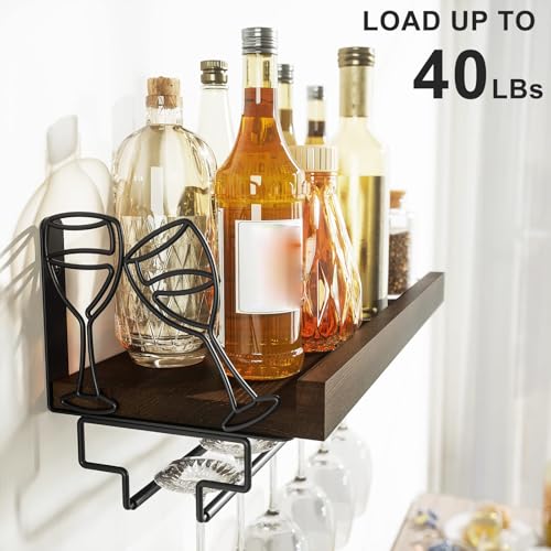 Wine Rack with Stemware Hanger,Solid Wood,17inch,Dark Brown | Wine Glass Rack,Floating Wall Shelf,Easy to Install,40 Lbs/shelf,For Kitchen,Dinning Room,Home Bar,Living Room,Elegant Design