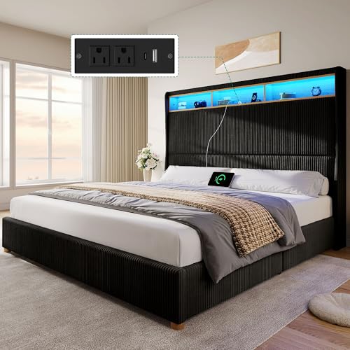 King Size Bed Frame with Charging Station and RGB LED Lights, view 2