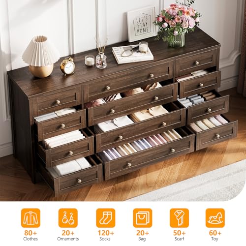 12 Drawer Wooden Dressers for Bedroom, Farmhouse Brown Wood Dresser, view 5