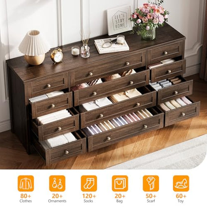 12 Drawer Wooden Dressers for Bedroom, Farmhouse Brown Wood Dresser, view 5