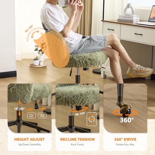 Plush Upholstery Vanity Desk Chair with Curved Back & 90-102° Tilt &Adjustable Height, Cute Rolling Chair with Bronze Base & Golden-Bronze 360° Swivel Wheels for Makeup &Home Office,Grass Green