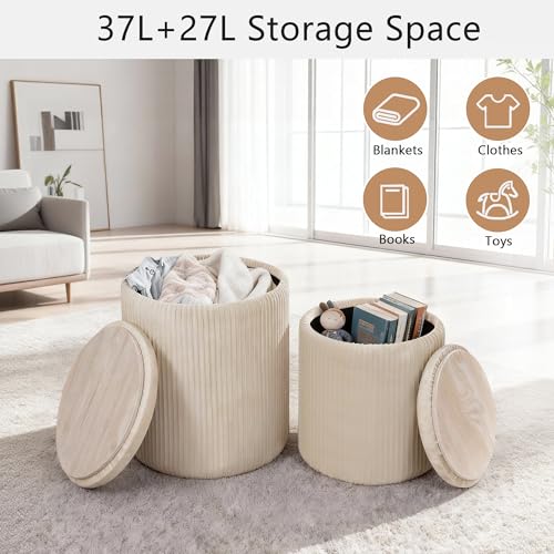 Set of 2 Round Ottoman with Storage, Upholstered Vanity Stool Support 330lbs Multifunctional Coffee Table Ottoman Velvet Foot Rest Stool or Living Room Bedroom Dorm (Beige)
