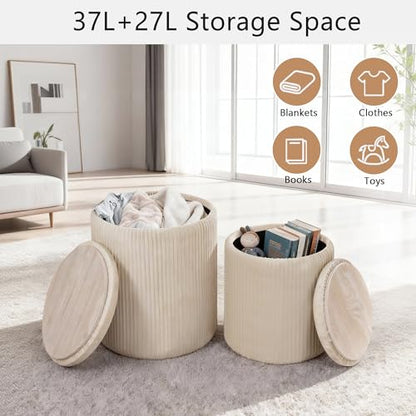 Set of 2 Round Ottoman with Storage, Upholstered Vanity Stool Support 330lbs Multifunctional Coffee Table Ottoman Velvet Foot Rest Stool or Living Room Bedroom Dorm (Beige)